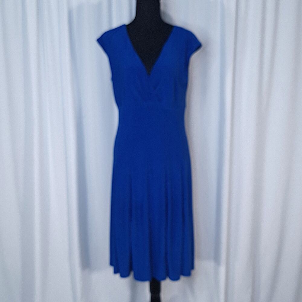 Lauren Ralph Lauren Dress Size 8 Royal Blue Fit & Flare Jersey V-Neck Elegant